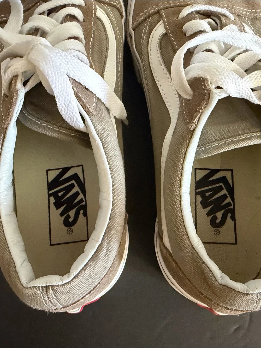 Vans tan and cream sneaker tongue label